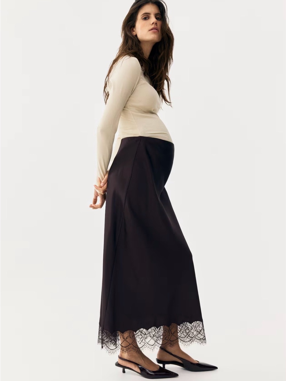 H&M Mama Materny Pull On Elastic Waist Lace-Trimmed Satin Skirt Sz L(dark Brown)